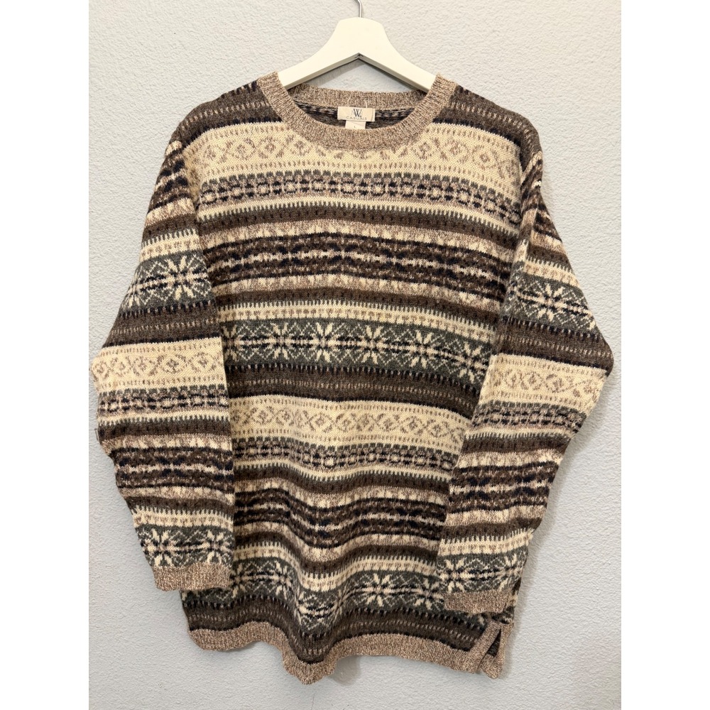 Vintag 80s NW Casuals Mens Wool Sweater L Fair Isle Hong Kong Brown Tan Crewneck